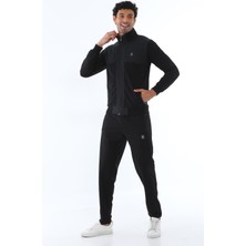 Erkek Iki Iplik Slim Fit Dar Paça Siyah Fermuarlı Eşofman Takımı - 7664