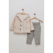 Müslin Bluz Beli Lastikli Pantolon Kapüşonlu Mont Kombinli 3'lü Erkek Çocuk Takım