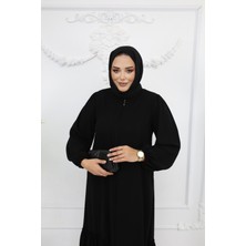 Efelif Tesettür Siyah Altı Büzgülü Fermuarlı Medine Ipeği Kadın Ferace MF-2237