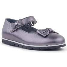 Rakerplus Hakiki Deri Platin Kurdele Detaylı Cırtlı Kız Çocuk Babet Ayakkabı