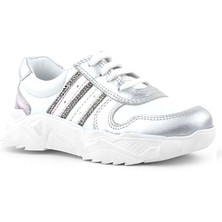 Rakerplus Hakiki Deri Gümüş Pembe Parlak Taşlı Kız Çocuk Sneakers Ayakkabı