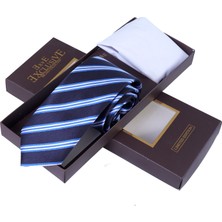 Exve Exclusive Mavi Beyaz Lacivert Çizgili Hediyelik Kutulu Kravat Mendil Seti