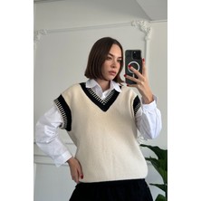 V Yaka Triko Süveter- Taş