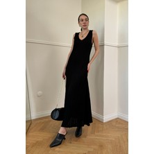 Sıfır Kol Fitilli Uzun Elbise- Siyah