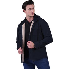 Lacivert Tek Renk Düz Sade Kapüşonlu Içi Yün Kürklü Kışlık Oduncu Ceket Gömlek