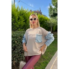 Ella Stylee Denim Detaylı Triko Kazak