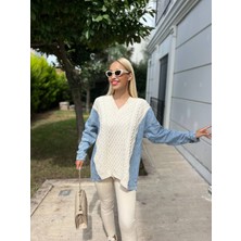 Ella Stylee Denim Kollu Örgü Desenli Triko Kazak