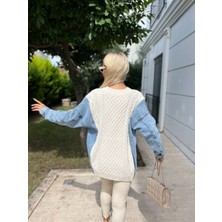 Ella Stylee Denim Kollu Örgü Desenli Triko Kazak