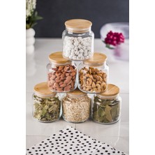 Robinanka  6 Lı Set Bambu Kapaklı Cam Kavanoz & Baharat Takımı & Baharatlık 500 ml ( Vakum Kapak )
