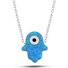 HS Demirci 925 Ayar Gümüş Mavi Nazarlı Opal Fatma Ana Eli Kadın Kolye