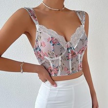 Akasha Design Çiçek Desenli Ekru Bustiyer Takım