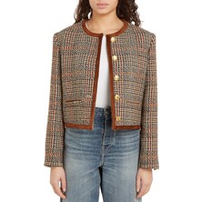 Tommy Hilfiger Standart Kahve Kadın Ceket Tweed Yün Mıx Check Crew Jacket
