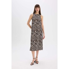 DeFacto Leopar Desenli Yuvarlak Yaka Saten Kolsuz Midi Abiye Elbise D7593AX25SP