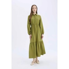 DeFacto Gömlek Yaka Basic Düz Düğmeli Beli Büzgülü Uzun Kollu Maxi Elbise D5851AX25SP