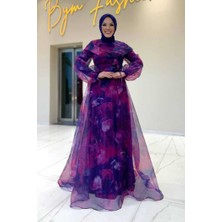 Kendinden Desenli Renkli Tül Abiye 7047 Fuşya