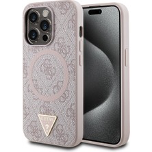Guess Apple iPhone 14 Pro Max Kılıf Guess  Lisanslı Magsafe Şarj Özellikli Pu Üçgen Logo 4g Desenli Kapak Pembe