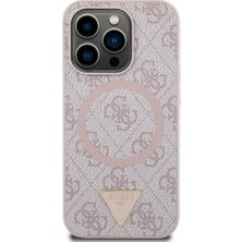 Guess Apple iPhone 14 Pro Max Kılıf Guess  Lisanslı Magsafe Şarj Özellikli Pu Üçgen Logo 4g Desenli Kapak Pembe
