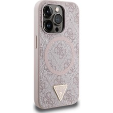 Guess Apple iPhone 14 Pro Max Kılıf Guess  Lisanslı Magsafe Şarj Özellikli Pu Üçgen Logo 4g Desenli Kapak Pembe