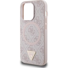 Guess Apple iPhone 14 Pro Max Kılıf Guess  Lisanslı Magsafe Şarj Özellikli Pu Üçgen Logo 4g Desenli Kapak Pembe