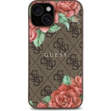 Guess Apple iPhone 14 Kılıf Guess Lisanslı Magsafe Şarj Özellikli Gül Baskılı 4g Desenli Yazı Logolu Kahverengi