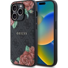 Guess Apple iPhone 14 Pro Max Kılıf Guess Lisanslı Magsafe Uyumlu Gül Baskılı 4g Desenli Yazı Logolu Kapak Siyah