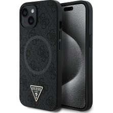 Guess Apple iPhone 15 Kılıf Guess Orjinal Lisanslı Magsafe Şarj Özellikli Pu Üçgen Logo 4g Desenli Kapak Siyah