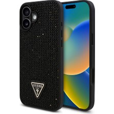 Guess Apple iPhone 16 Kılıf Guess Orjinal Lisanslı Üçgen Logolu Taşlı Kapak Siyah