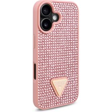 iPhone 16 Kılıf Guess Orjinal Lisanslı Üçgen Logolu Taşlı Kapak Pembe