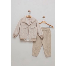 Ceket Pantolon Bluz Kombinli Müslin Kumaş Beli Lastikli 3'lü Erkek Çocuk Takım