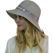 Çiçek Şeritli Kadın Şapka Gri 1297