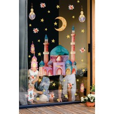 Çift Taraflı Baskılı Cam Için Soft Renklerde Cami Ramazan Ayı Temalı Cam Duvar Süsleri Hoşgeldin Ramazan Sticker Seti