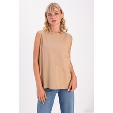 ALLDAY Bej Kolsuz Pamuklu T-Shirt Bisiklet Yaka Modern Stil ve Rahatlık İçin