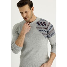 Bisiklet Yaka Desenli Yünlü Slim Fit Dar Kesim Triko Kazak