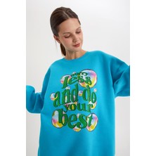 ALLDAY Turkuaz-Baloncuk Baskılı Oversize Sweatshirt