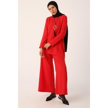 ALLDAY Kırmızı-Kolyeli Bol Paça Pantolonlu Tunikli Takım