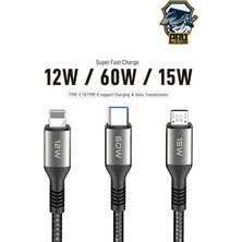 60W Type-C Süper Fast PD Şarj Kablosu 3in1 iPhone Samsung Xiaomi Hızlı Şarj Data USB Kablo Kopmayan Sağlam Halat Örgülü 1.2m