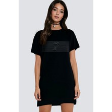 Rock&Roll Çizgili Köpek Siyah Kısa Kollu Penye T-Shirt Elbise