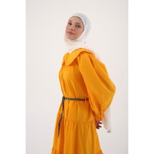ALLDAY Koyu Sarı-Pamuklu Bebe Yaka Fırfırlı Kemerli Elbise