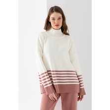 Wega Moda Kadın Çizgili Desenli Fitilli Triko Takım, Alt Üst Triko Takım, Triko Kazak Pantolon Ikili Takım.