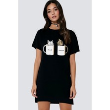 Rock&Roll Sütlü ve Sade Siyah Kısa Kollu Penye T-Shirt Elbise