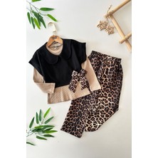 Miniğimin Cicileri Leopar Fiyonk Detaylı 3 Lü Kız çocuk takım - Kahve
