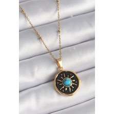 Clariss 316L Çelik Gold Renk Mavi Boncuk Güneş Işleme Madalyon Model Kadın Kolye