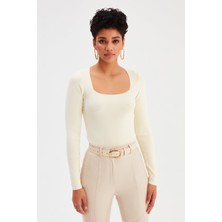 Sateen Kare Yaka Triko - Ekru