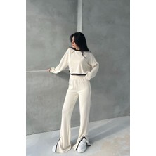 Seda Yalçın Atelier Krem Fitilli Uzun Kollu Crop Pantolon Takım