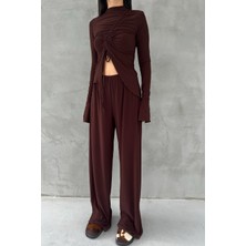Seda Yalçın Atelier Kahverengi Büzgü Detaylı Uzun Kollu Bluz ve Salaş Pantolon Takım