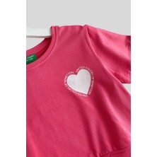 4-14 Yaş Benetton Kalp Baskı Kız Çocuk T-Shirt Fuşya