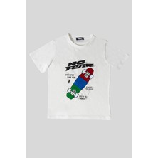 6-14 Yaş No Fear Kaykay Payetli Erkek Çocuk T-Shirt Beyaz