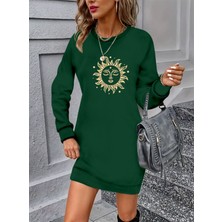 Kadın Uzun Kollu Bisiklet Yaka Güneş Desenli Viskon Iki Iplik Elbise