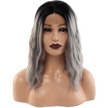 Peruk Market Fiber Sentetik Dalgalı Kısa Tül Peruk - Siyah Gri Ombreli