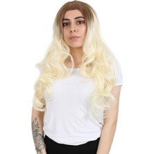 Peruk Market Yoğun Dalgalı Fiber Sentetik Uzun Perçemsiz Peruk - Balköpüğü / Platin Uzun Ombreli